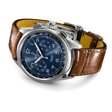 Montre Breitling Premier B15 Automatique Duograph 42 cadran bleu bracelet cuir croco brun 42 mm AB1510171C1P1