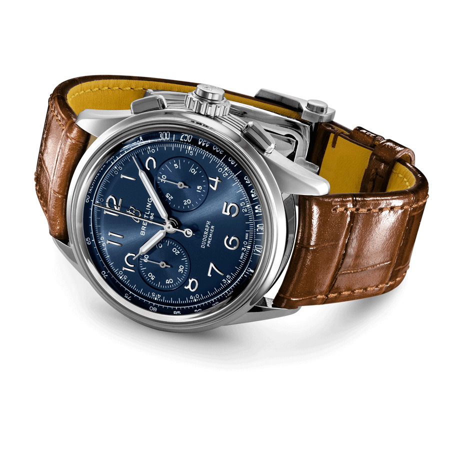 Montre Breitling Premier B15 Automatique Duograph 42 cadran bleu bracelet cuir croco brun 42 mm AB1510171C1P1