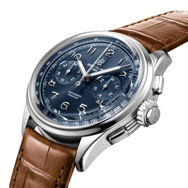 Montre Breitling Premier B15 Automatique Duograph 42 cadran bleu bracelet cuir croco brun 42 mm AB1510171C1P1