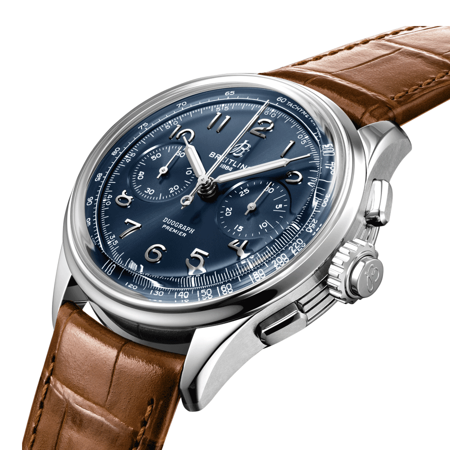 Montre Breitling Premier B15 Automatique Duograph 42 cadran bleu bracelet cuir croco brun 42 mm AB1510171C1P1