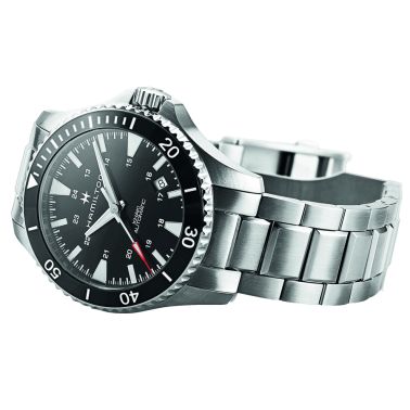 Montre Hamilton Khaki Navy Scuba cadran noir lunette noire bracelet acier 40 mm