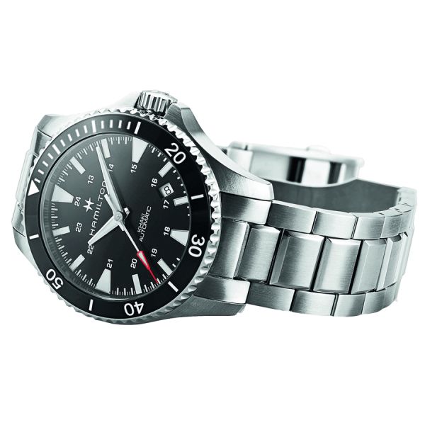 Montre Hamilton Khaki Navy Scuba cadran noir lunette noire bracelet acier 40 mm