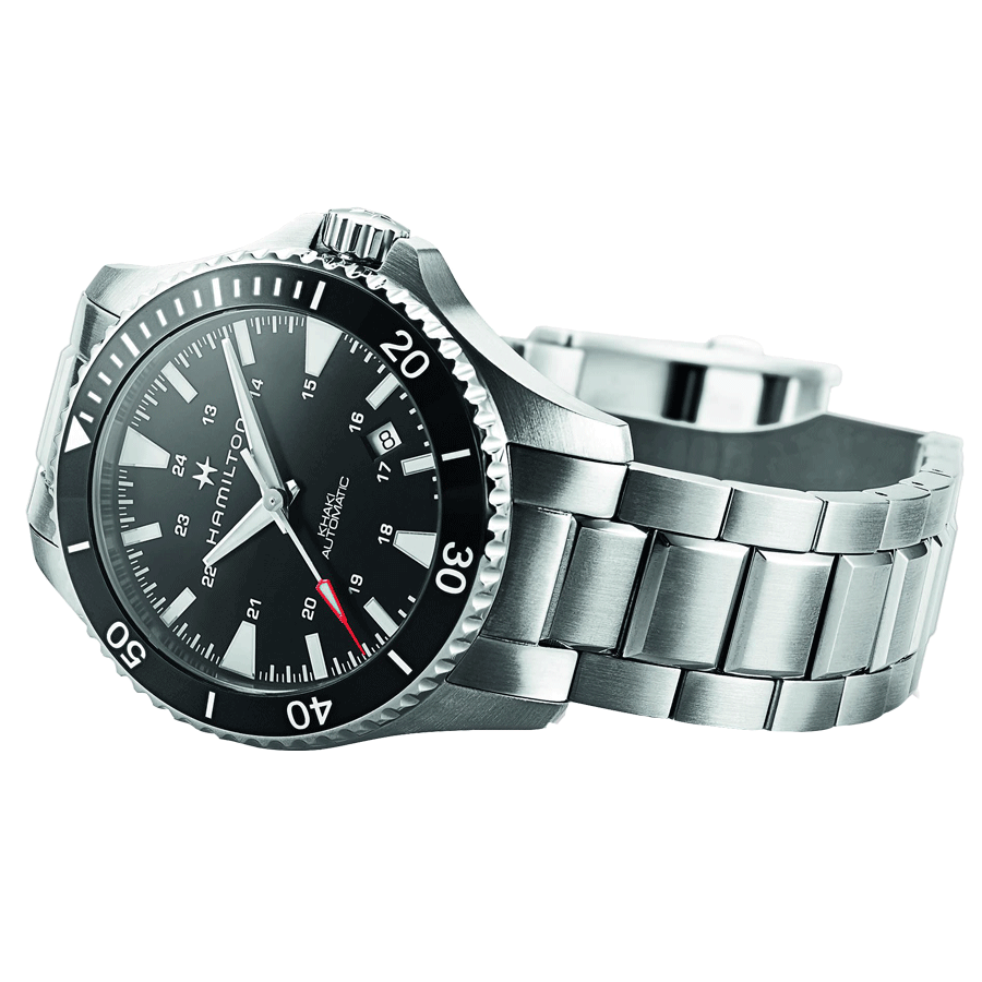 Montre Hamilton Khaki Navy Scuba cadran noir lunette noire bracelet acier 40 mm