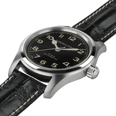 Montre Hamilton Khaki Field Murph automatique cadran noir bracelet cuir noir façon alligator 42 mm