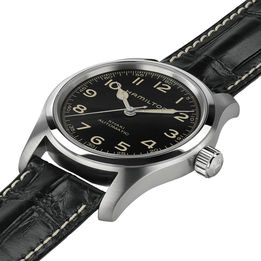 Montre Hamilton Khaki Field Murph automatique cadran noir bracelet cuir noir façon alligator 42 mm