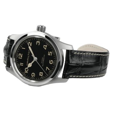 Montre Hamilton Khaki Field Murph automatique cadran noir bracelet cuir noir façon alligator 42 mm