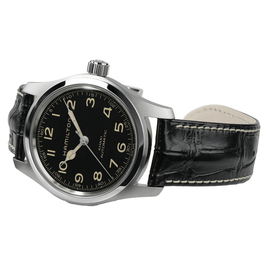 Montre Hamilton Khaki Field Murph automatique cadran noir bracelet cuir noir façon alligator 42 mm