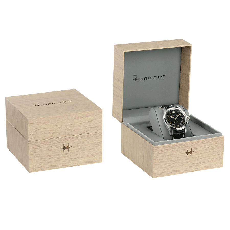 Montre Hamilton Khaki Field Murph automatique cadran noir bracelet cuir noir façon alligator 42 mm