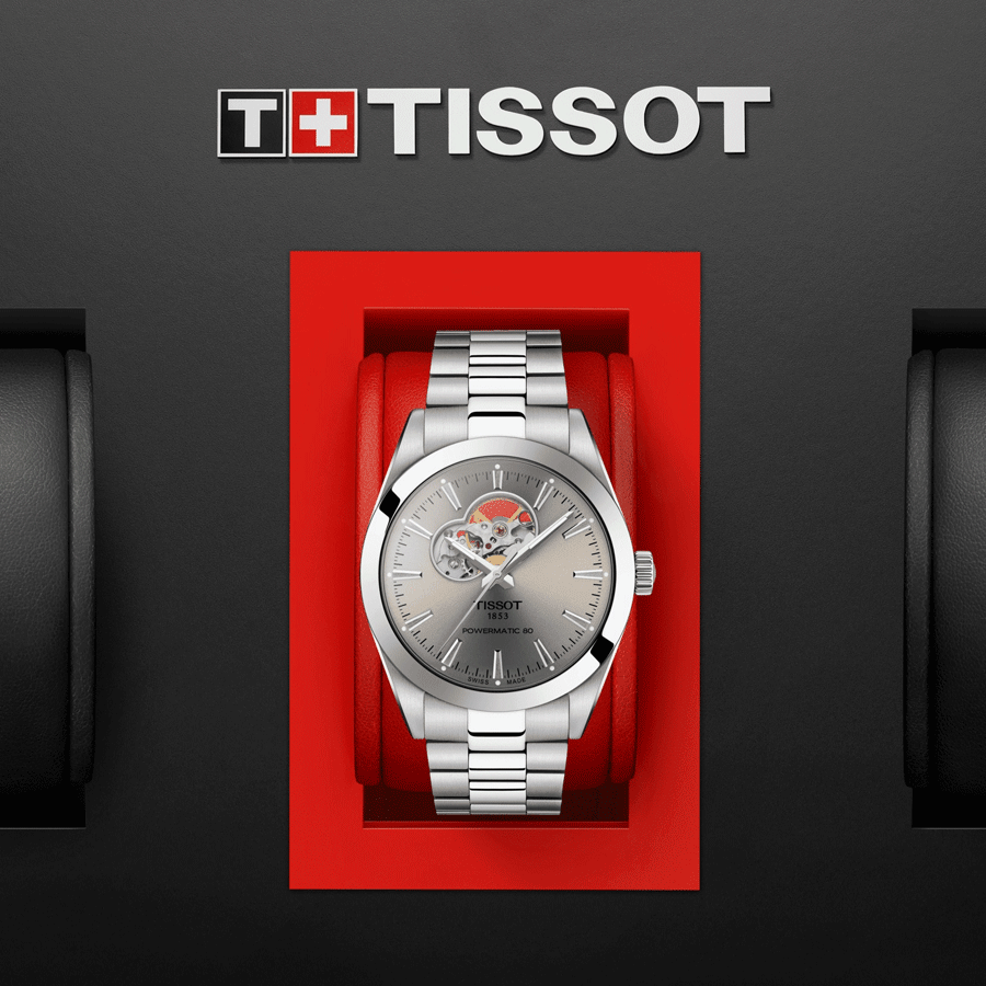 Montre Tissot Gentleman Powermatic 80 Open Heart automatique cadran taupe bracelet acier 40 mm T127.407.11.081.00