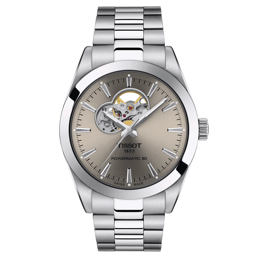 Montre Tissot Gentleman Powermatic 80 Open Heart automatique cadran taupe bracelet acier 40 mm T127.407.11.081.00