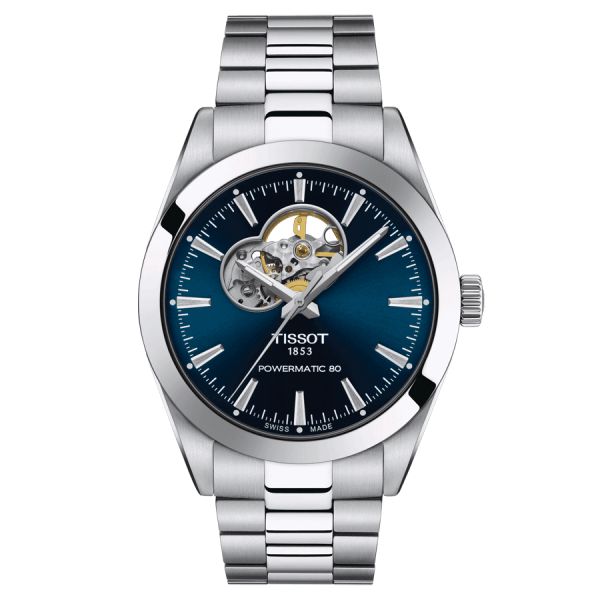 Montre Tissot Gentleman Powermatic 80 Open Heart automatique cadran bleu bracelet acier 40 mm T127.407.11.041.01