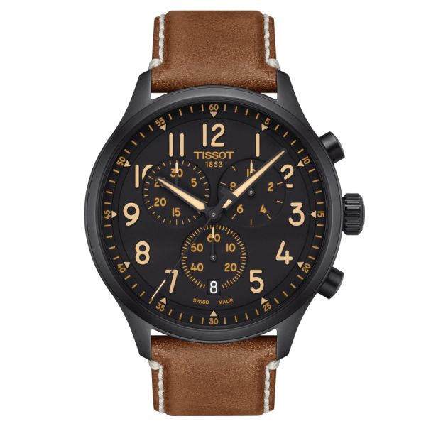 Tissot Chrono XL quartz watch black dial brown leather strap 45 mm T116.617.36.052.03