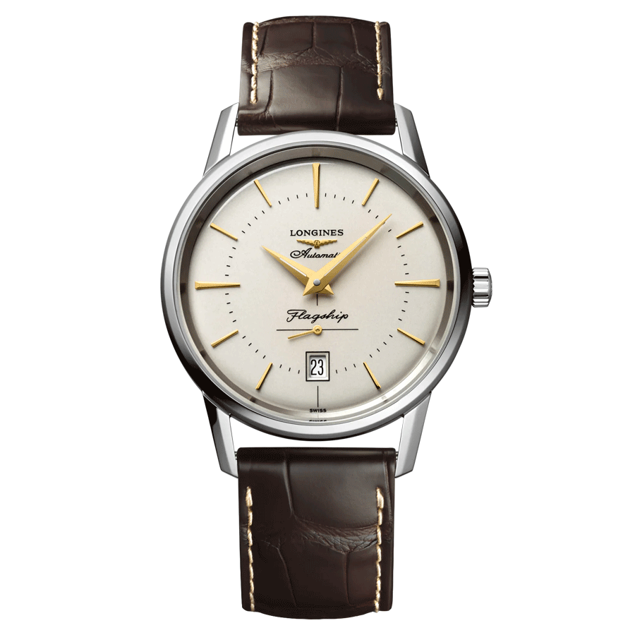 Montre Longines Flagship Heritage automatique cadran argenté bracelet croco marron 38,5 mm L4.795.4.78.2