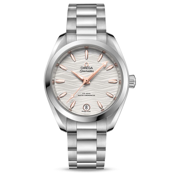 Montre Omega Seamaster Aqua Terra 150m Ladies Co-Axial Master Chronometer cadran blanc index or rouge bracelet acier 34 mm