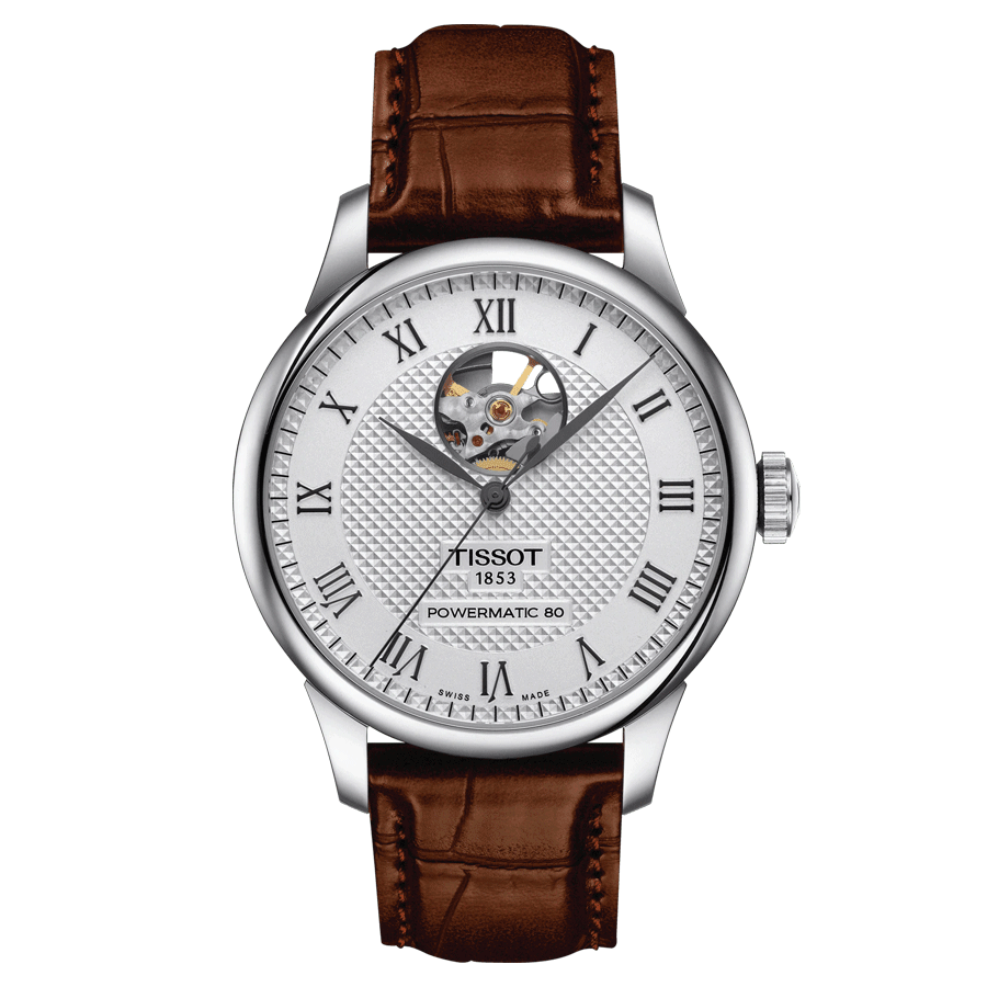 Montre Tissot Le Locle Powermatic 80 Open Heart automatique cadran argent bracelet cuir marron 39,3 mm T006.407.16.033.01