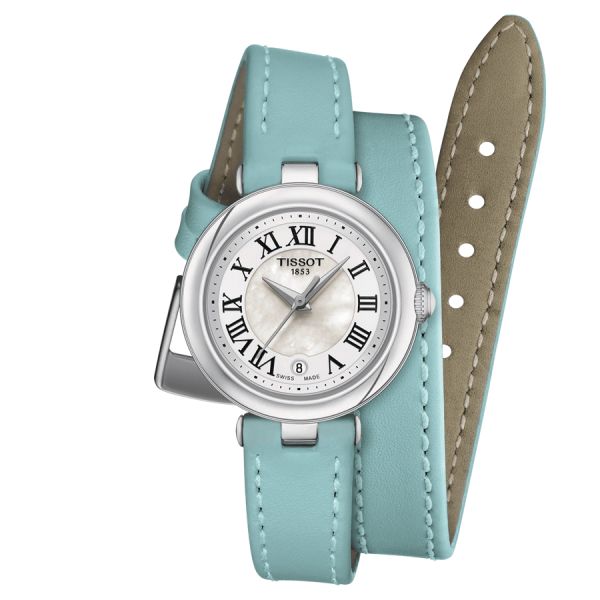 Montre Tissot Bellissima Small Lady M quartz cadran nacre blanche bracelet double tour bleu 26 mm T126.010.16.113.01