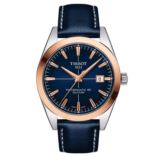 Montre Tissot Gentleman Powermatic 80 Silicium Solid Or Rose cadran bleu bracelet cuir bleu 40 mm T927.407.46.041.00