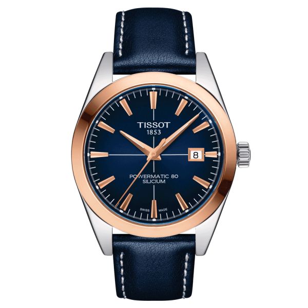 Tissot Gentleman Powermatic 80 Silicium Solid Rose Gold watch blue dial blue leather strap 40 mm T927.407.46.041.00