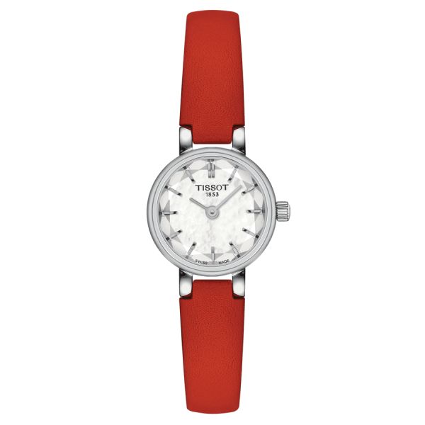 Montre Tissot Lovely Round quartz cadran nacre blanche bracelet cuir rouge 19,5 mm T140.009.16.111.00