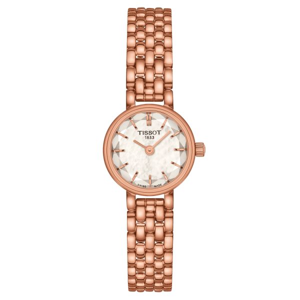 Montre Tissot Lovely Round quartz cadran nacre blanche bracelet acier pvd or rose 19,5 mm T140.009.33.111.00