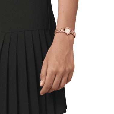 Montre Tissot Lovely Round quartz cadran nacre blanche bracelet acier pvd or rose 19,5 mm T140.009.33.111.00