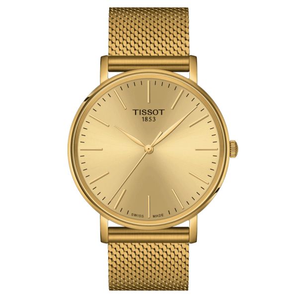 Montre Tissot Everytime Gent quartz cadran champagne bracelet acier maille milanaise jaune 40 mm T143.410.33.021.00