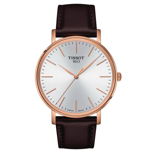 Montre Tissot Everytime Gent PVD Or Rose quartz cadran blanc bracelet cuir brun 40 mm T143.410.36.011.00