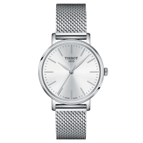 Montre Tissot Everytime Lady quartz cadran blanc bracelet acier maille milanaise 34 mm T143.210.11.011.00