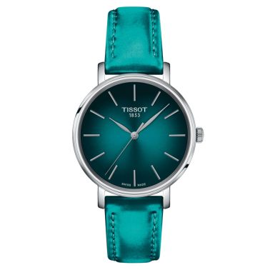 Montre Tissot Everytime Lady quartz cadran turquoise bracelet cuir bleu turquoise 34 mm T143.210.17.091.00