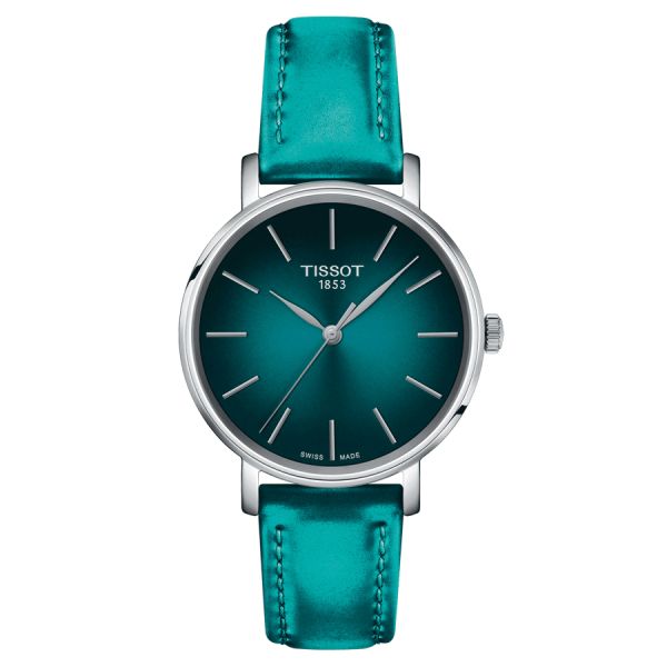 Tissot Everytime Lady quartz watch turquoise dial turquoise blue leather strap 34 mm T143.210.17.091.00