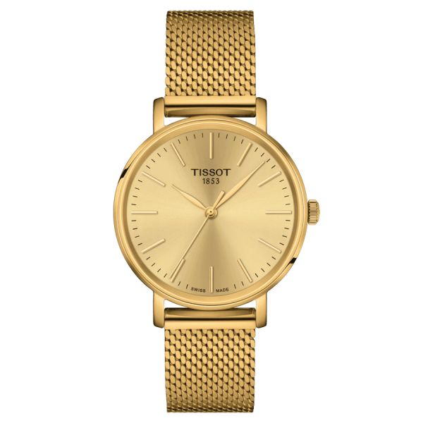 Montre Tissot Everytime Lady quartz cadran champagne bracelet acier maille milanaise jaune 34 mm T143.210.33.021.00