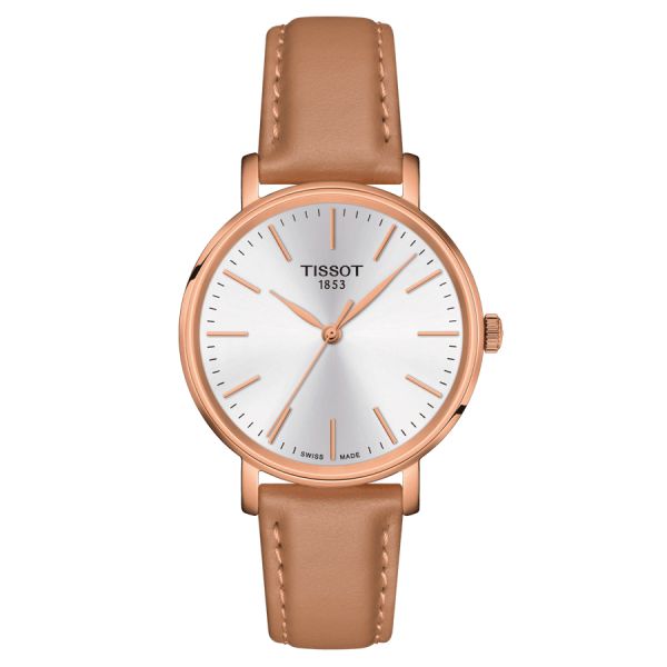 Tissot Everytime Lady PVD Rose Gold quartz watch white dial beige leather strap 34 mm T143.210.36.011.00