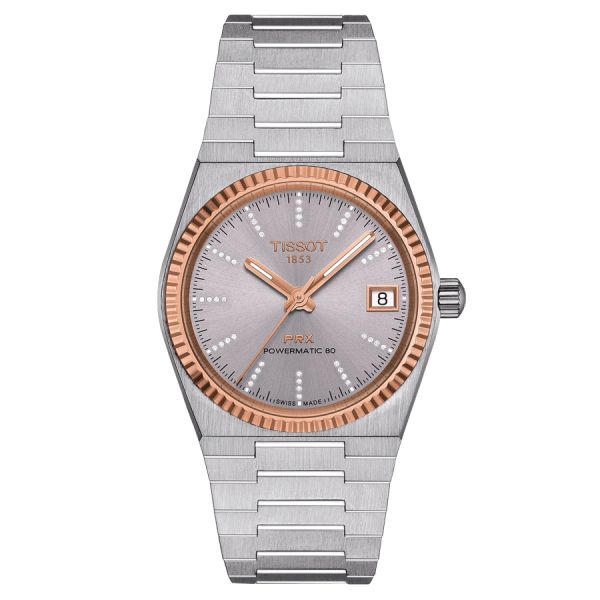 Montre Tissot PRX Powermatic 80 Or Rose index diamants bracelet acier 35 mm T931.207.41.336.00