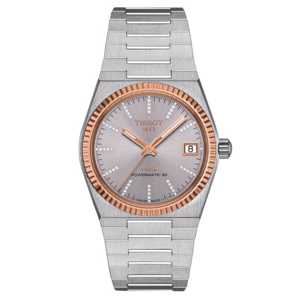 Tissot PRX Powermatic 80 Rose gold watch with diamond markers grey dial steel bracelet 35 mm T931.207.41.336.00