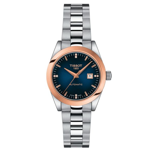 Montre Tissot T-My Lady Or Rose automatique cadran bleu bracelet acier 29 mm T930.007.41.046.00