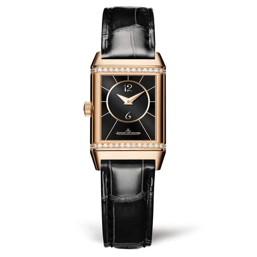 Montre Jaeger-LeCoultre Reverso Classic Small Duetto remontage manuel or rose bracelet cuir d'alligator noir