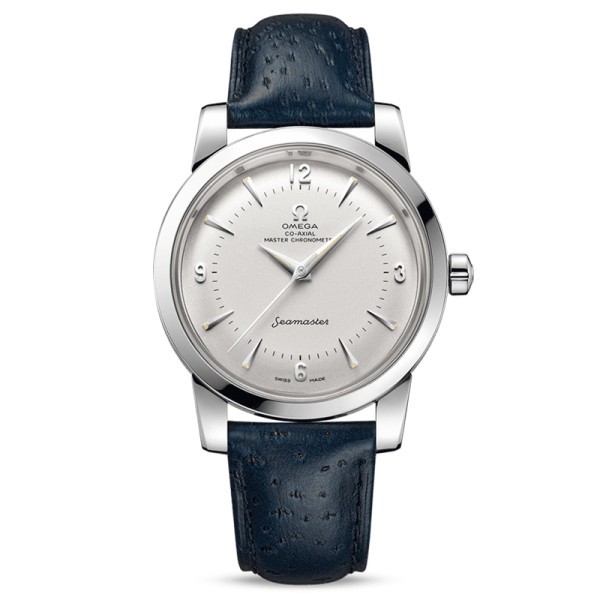 Montre Omega Seamaster Co-Axial Master Chronometer cadran argent bracelet cuir bleu Ed. limitée 1948 ex.