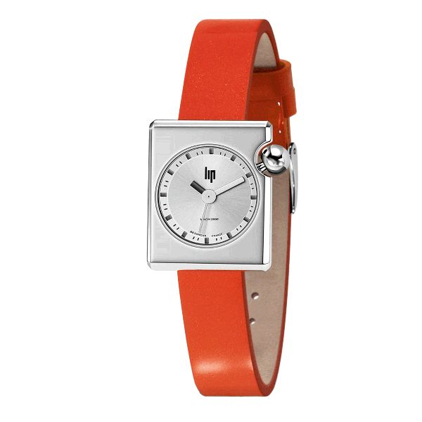 Montre Lip Mach 2000 Mini Square quartz cadran argenté bracelet cuir orange 30 x 28 mm