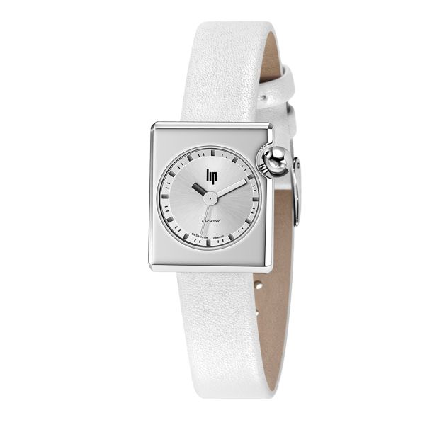 Lip Mach 2000 Mini Square quartz watch silver dial white leather strap 30 x 28 mm