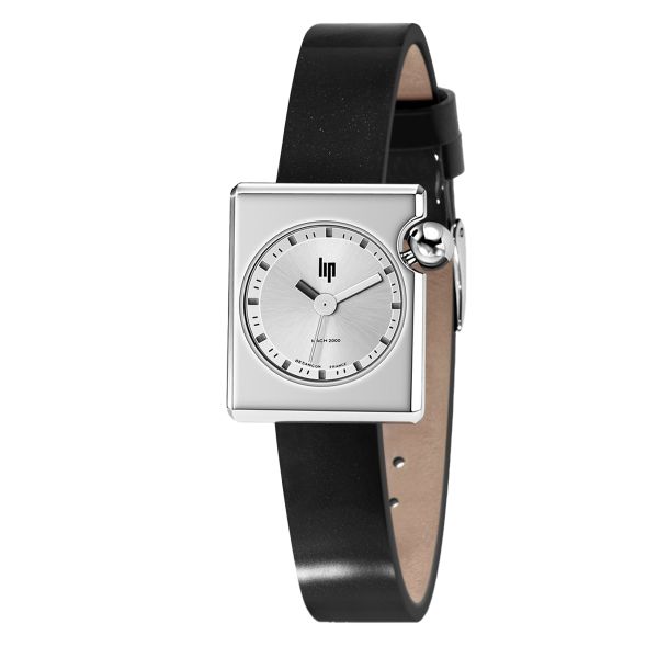 Montre Lip Mach 2000 Mini Square quartz cadran argenté bracelet cuir noir 30 x 28 mm