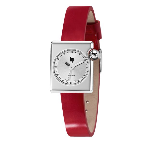 Montre Lip Mach 2000 Mini Square quartz cadran argenté bracelet cuir rouge 30 x 28 mm