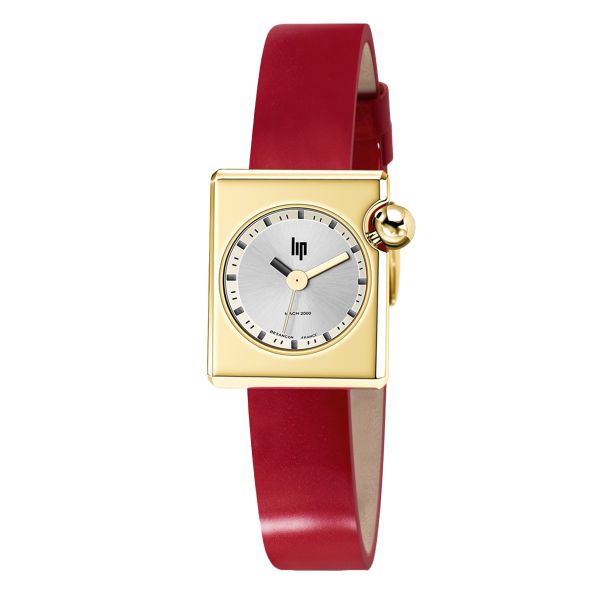 Lip Mach 2000 Mini Square PVD Yellow gold quartz silver dial red leather strap 30 x 28 mm