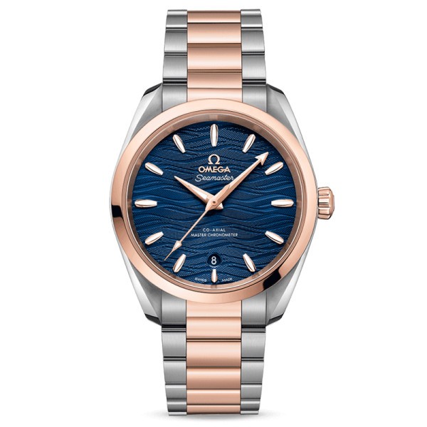 Montre Omega Seamaster Aqua Terra 150m Ladies Co-Axial Master Chronometer cadran bleu bracelet or rouge et acier 38 mm