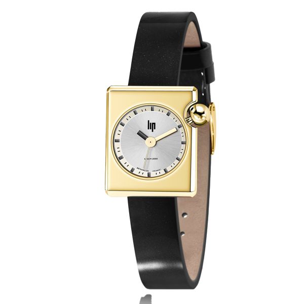 Lip Mach 2000 Mini Square PVD Yellow gold quartz silver dial black leather strap 30 x 28 mm