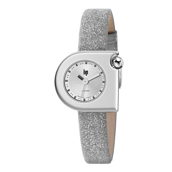 Lip Mach 2000 Mini quartz silver dial silver glittery leather strap 30 x 28 mm