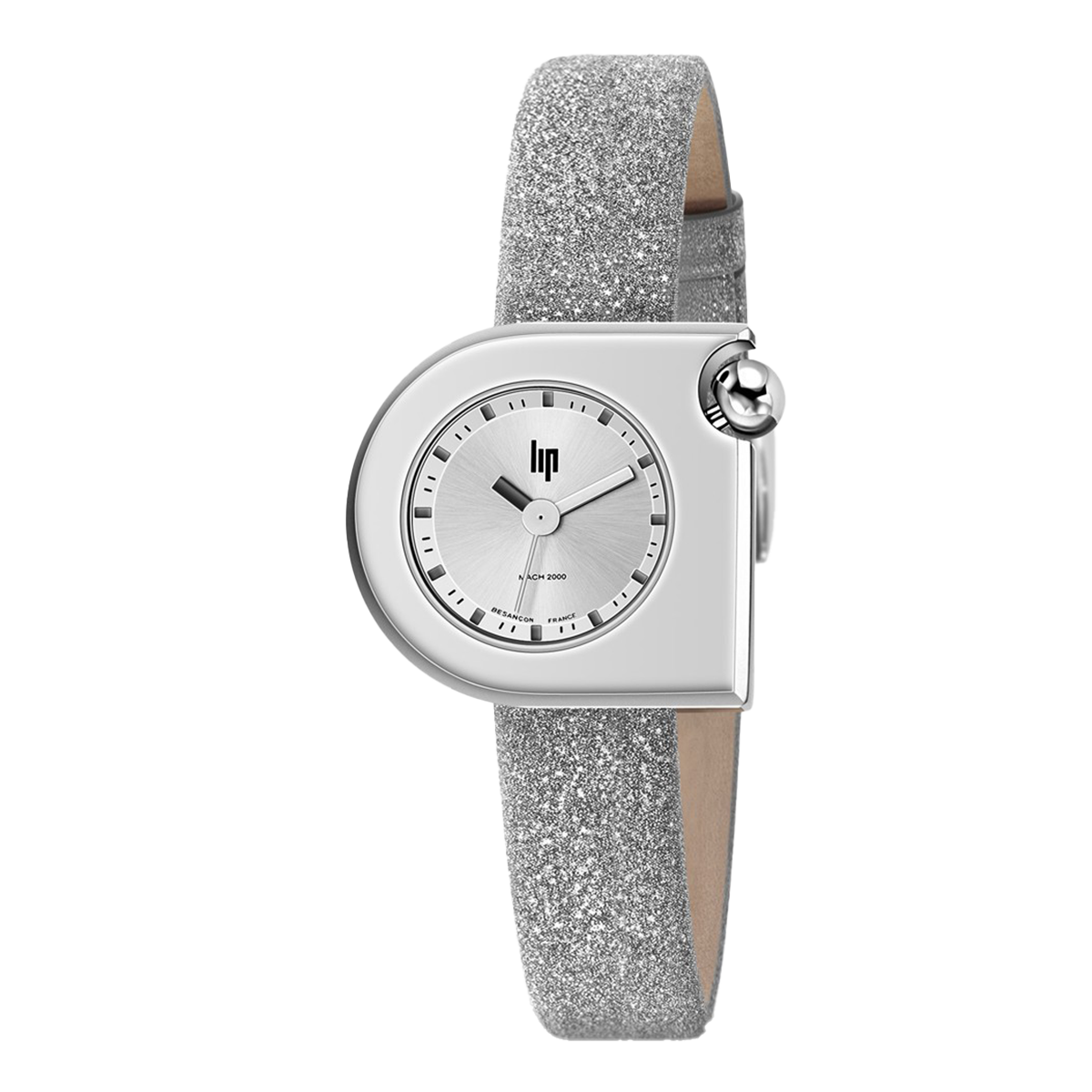 Montre Lip Mach 2000 Mini quartz cadran argenté bracelet cuir argenté pailleté 30 x 28 mm