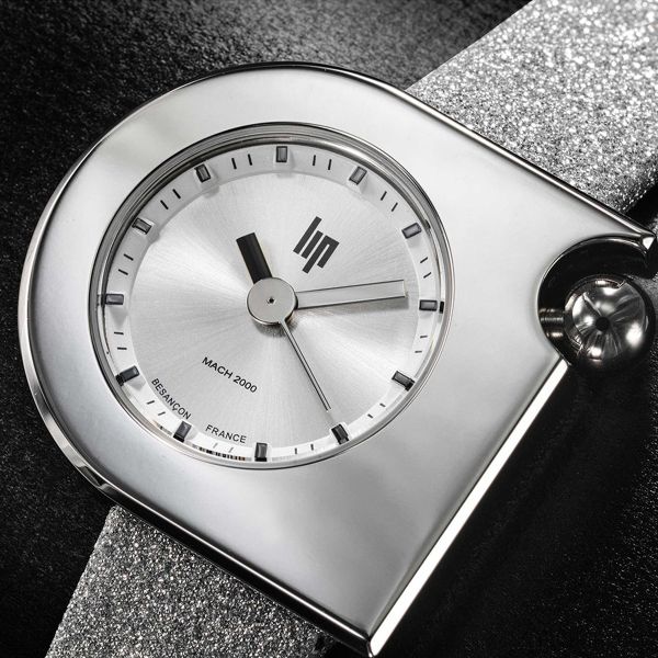 Montre Lip Mach 2000 Mini quartz cadran argenté bracelet cuir argenté pailleté 30 x 28 mm