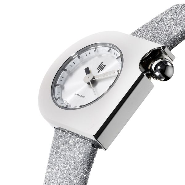 Montre Lip Mach 2000 Mini quartz cadran argenté bracelet cuir argenté pailleté 30 x 28 mm