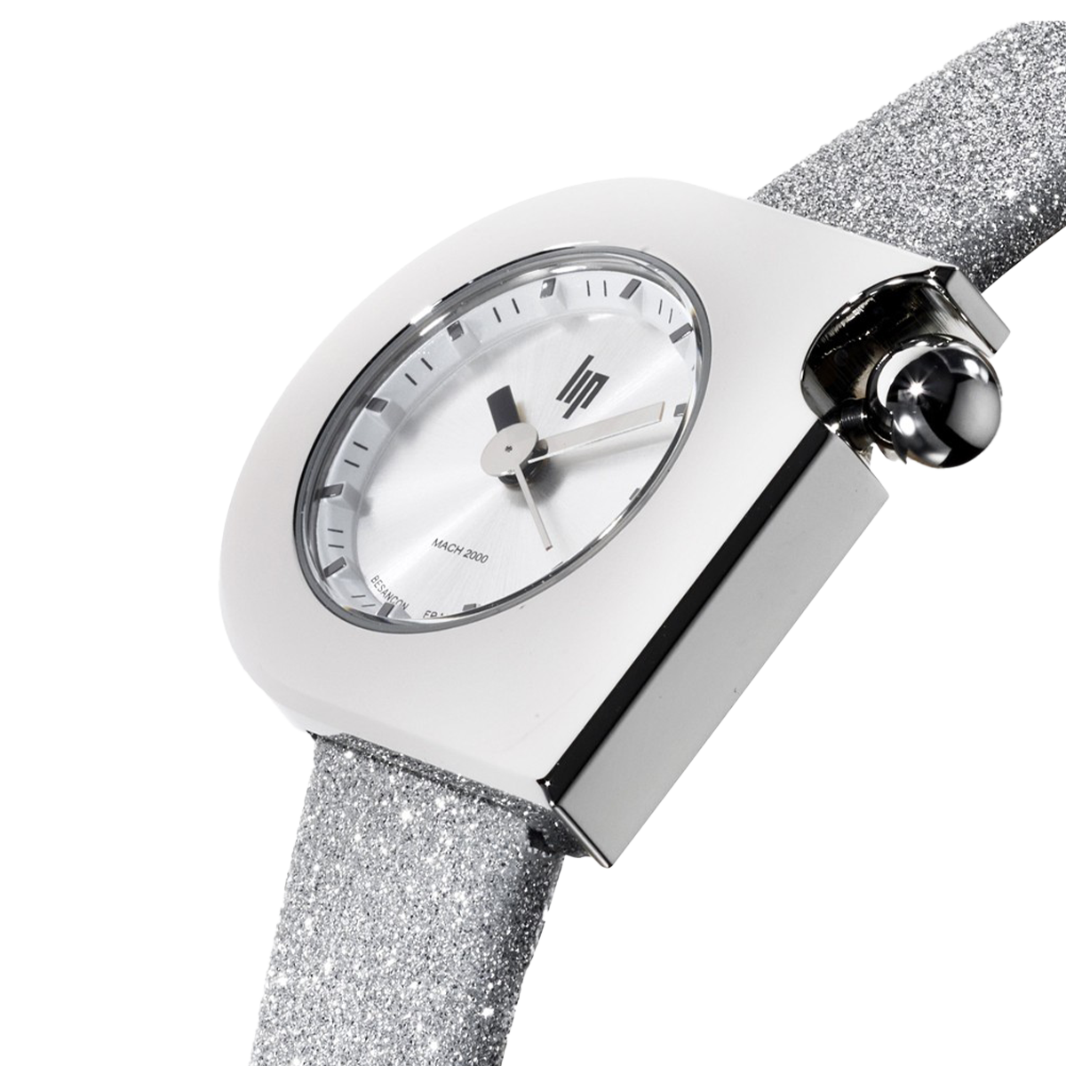 Montre Lip Mach 2000 Mini quartz cadran argenté bracelet cuir argenté pailleté 30 x 28 mm