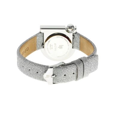 Montre Lip Mach 2000 Mini quartz cadran argenté bracelet cuir argenté pailleté 30 x 28 mm